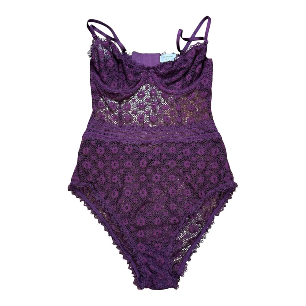 Victorias Secret Plum Purple Floral‎ Lace Teddy Bodysuit Underwire Small